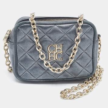 Pre Owned Carolina Herrera Metallic Quilted Leather Camera Chain Crossbody Bag