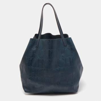 Pre Owned Carolina Herrera Teal Blue Monogram Leather Matryoshka Tote