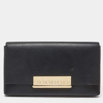 Pre Owned Carolina Herrera Black Leather Logo Metal Flap Clutch
