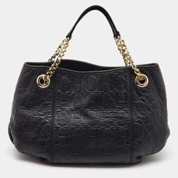 Pre Owned Carolina Herrera Black Monogram Embossed Leather Chain Hobo