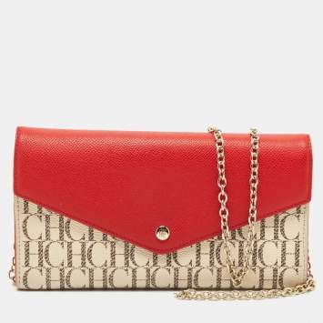 Pre Owned Carolina Herrera Red/White Monogram Coated Canvas and Leather Wallet On Chain