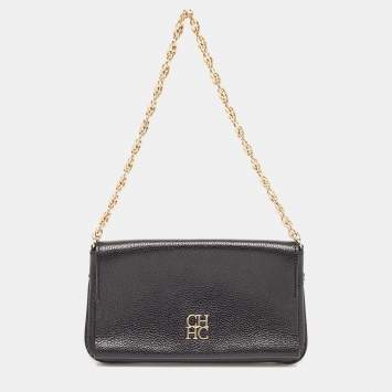 Pre Owned Carolina Herrera Black Leather Logo Flap Chain Bag
