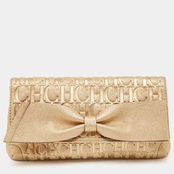 Pre Owned Carolina Herrera Gold Monogram Embossed Leather Bow Flap Clutch