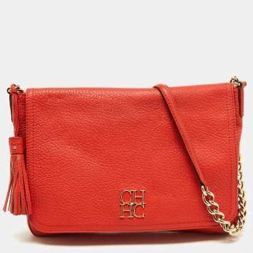 Pre Owned Carolina Herrera Orange Pebbled Leather Tassel Flap Shoulder Bag