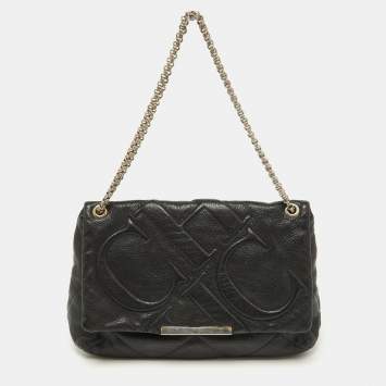 Pre Owned Carolina Herrera Black CH Embossed Leather Flap Chain Bag