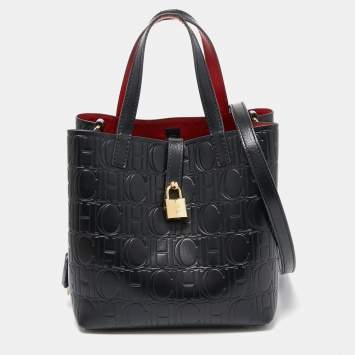 Pre Owned Carolina Herrera Black Monogram Embossed Leather Small Matryoshka Locked Tote