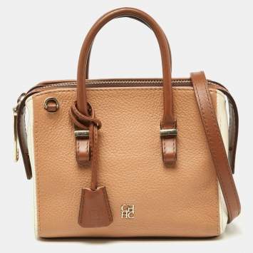 Pre Owned Carolina Herrera Brown/Off White Leather Zip Satchel