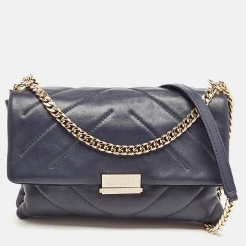 Pre Owned Carolina Herrera Navy Blue Quilted Leather Pushlock Flap Shoulder Bag