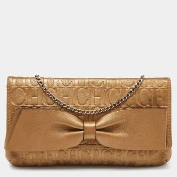 Pre Owned Caroline Herrera Gold Monogram Embossed Leather Bow Chain Clutch