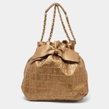 Pre Owned CH Carolina Herrera Gold Embossed Leather Bow Bucket Bag