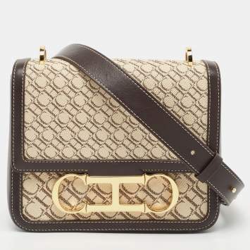 Pre Owned Carolina Herrera Dark Brown/Cream Monogram Canvas and Leather Initials Insignia Shoulder Bag