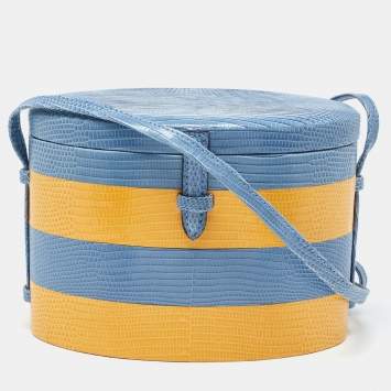 Pre Owned Carolina Herrera Blue/Yellow Lizard Stripe Trunk Bag