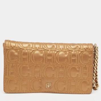 Pre Owned Carolina Herrera Bronze Monogram Leather Wristlet Clutch