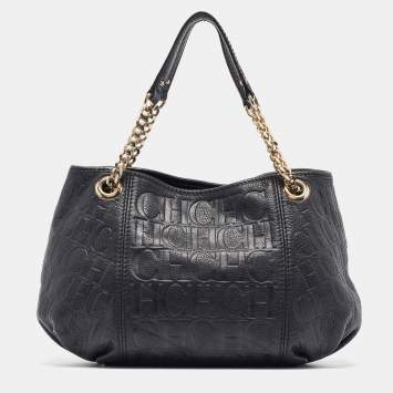 Pre Owned Carolina Herrera Black Monogram Embossed Leather Chain Hobo
