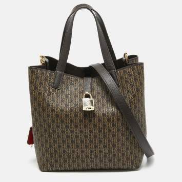 Pre Owned Carolina Herrera Dark Brown Monogram Coated Canvas and Leather Small Matryoshka Locked Tote