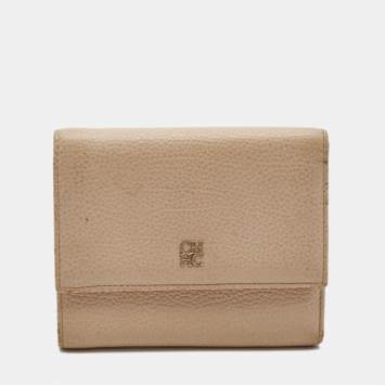Pre Owned Carolina Herrera Peach Leather Logo Trifold Wallet