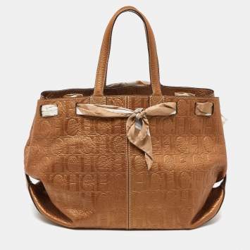 Pre Owned Carolina Herrera Bronze Monogram Embossed Leather Scarf Tote 