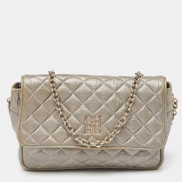 Pre Owned Carolina Herrera Grey Quilted Leather Chain Crossbody Bag