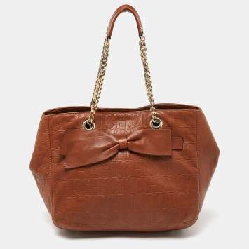 Pre Owned Carolina Herrera Brown Monogram Embossed Leather Audrey Shoulder Bag