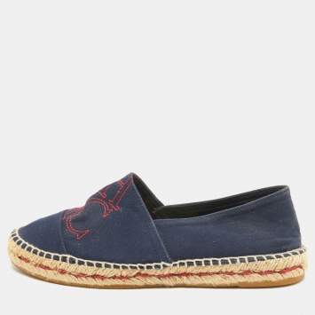 Pre Owned Carolina Herrera Navy Blue Canvas Espadrille Slip On Loafers Size 40