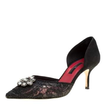 Pre Owned Carolina Herrera Black Lace Crystal Embellished D'orsay Pumps Size 37