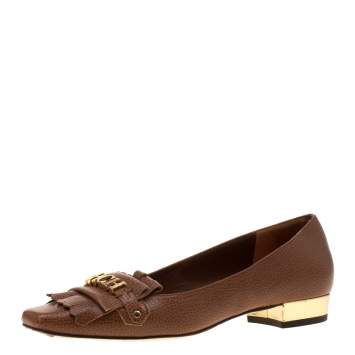 Pre Owned Carolina Herrera Brown Leather Logo Detail Fringe Loafers Size 38
