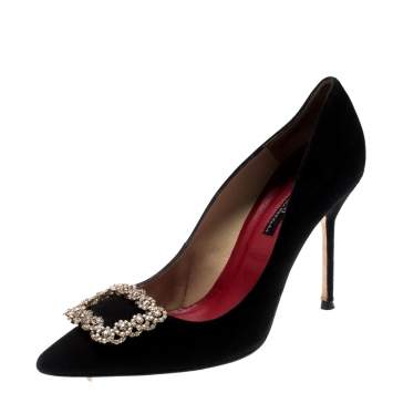Pre Owned Carolina Herrera Black Suede Crystal Embellished Pointed Toe Pumps Size 40