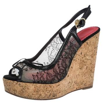 Pre Owned Carolina Herrera Black Lace And Leather Trim Peep Toe Cork Wedge Sandals Size 38