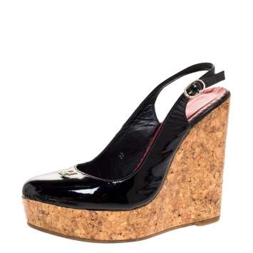 Pre Owned Carolina Herrera Black Patent Cork Wedge Platform Slingback Sandals Size 37