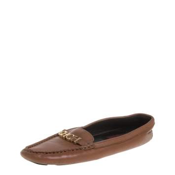 Pre Owned CH Carolina Herrera Brown Leather Logo Detail Flats Size 37
