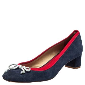 Pre Owned Carolina Herrera Blue Suede And Red Trim Ribbon Bow Pumps Size 38