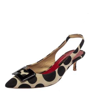 Pre Owned  Carolina Herrera Black /White Canvas And Leather Pointed Toe Slingback Pumps Size 39