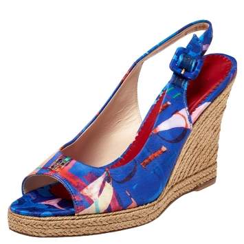 Pre Owned Carolina Herrera Blue Printed Satin Espadrille Wedge Sandals Size 37