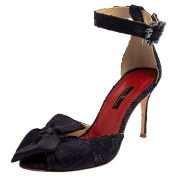 Pre Owned Carolina Herrera Navy Blue Lace And Satin Bow Ankle Strap Sandals Size 38