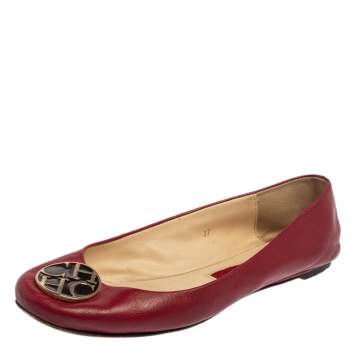Pre Owned CH Carolina Herrera Red Leather Logo Ballet Flats Size 37