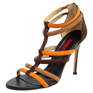 Pre Owned Carolina Herrera Brown/Orange Suede Strappy Sandals Size 37