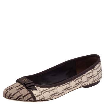 Pre Owned Carolina Herrera Brown/Beige Monogram Canvas Bow Cap Toe Ballet Flats Size 39