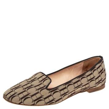 Pre Owned Carolina Herrera Brown/Beige Signature Canvas Logo Smoking Slippers Size 36