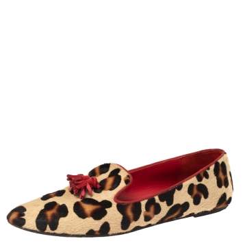 Pre Owned Carolina Herrera Beige/Brown Leopard Print Pony Hair Smoking Flats Size 40