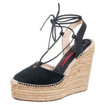 Pre Owned Carolina Herrera Black Suede And Leather Criss Cross Wedge Espadrille Ankle Strap Sandals Size 40