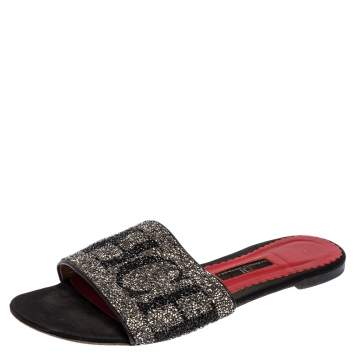 Pre Owned Carolina Herrera Black Leather Crystal Embellished  Slides Sandals Size 38