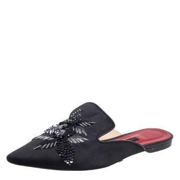 Pre Owned Carolina Herrera Black Satin  Embellished Mule Sandals Size 38