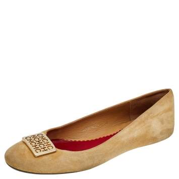Pre Owned CH Carolina Herrera Tan Suede Logo Ballet Flats Size 39