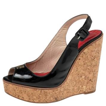 Pre Owned CH Carolina Herrera Black Patent Leather Cork Wedge Platform Slingback Sandals Size 37
