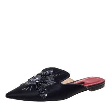Pre Owned CH Carolina Herrera Black Satin Embellished Flat Mule Sandals Size 38