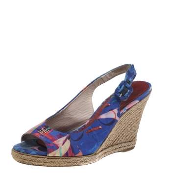 Pre Owned CH Carolina Herrera Blue Printed Fabric Cork Wedge Peep Toe Slingback Sandals Size 39