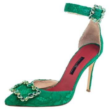 Pre Owned Carolina Herrera Green Lace And Satin Crystal Embellished Ankle Strap  Pumps Size 36