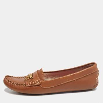 Pre Owned CH Carolina Herrera Brown Leather Logo Charm Detail Loafers Size 40