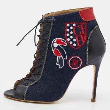 Pre Owned CH Carolina Herrera Navy Blue/Black Canvas And Leather Lace Up Booties Size 37