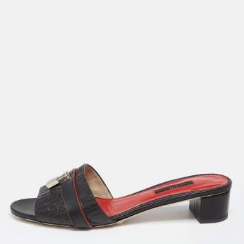 Pre Owned Carolina Herrera Black Monogram Leather Traveller Locked Slide Sandals Size 40